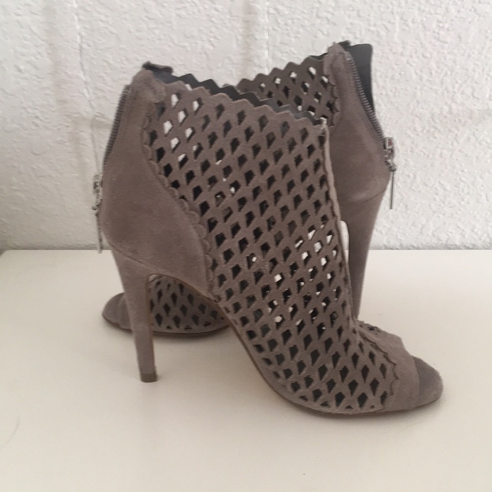 Gray heeled booties